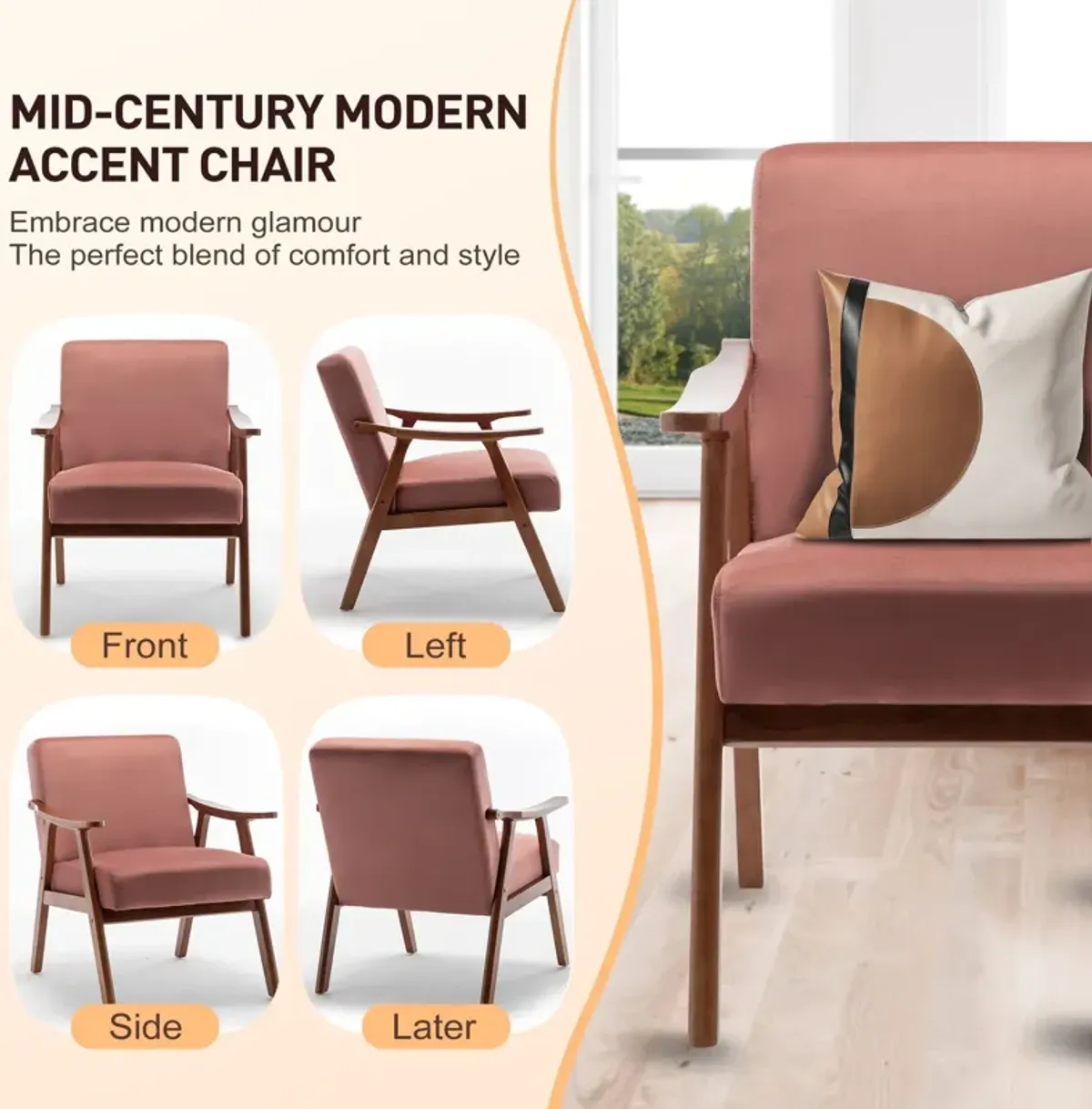 Mid Century Modern Accent Chair With Solid Wood Frame And Extra Thick Backrest