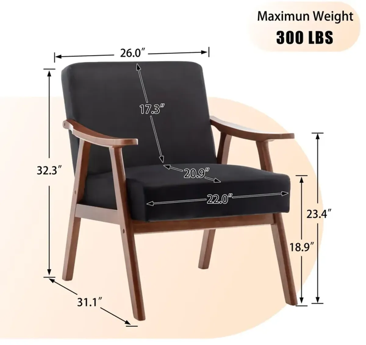 Mid Century Modern Accent Chair With Solid Wood Frame And Extra Thick Backrest