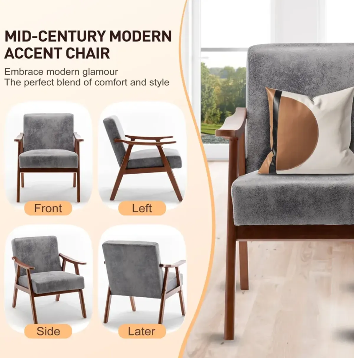 Mid Century Modern Accent Chair With Solid Wood Frame And Extra Thick Backrest