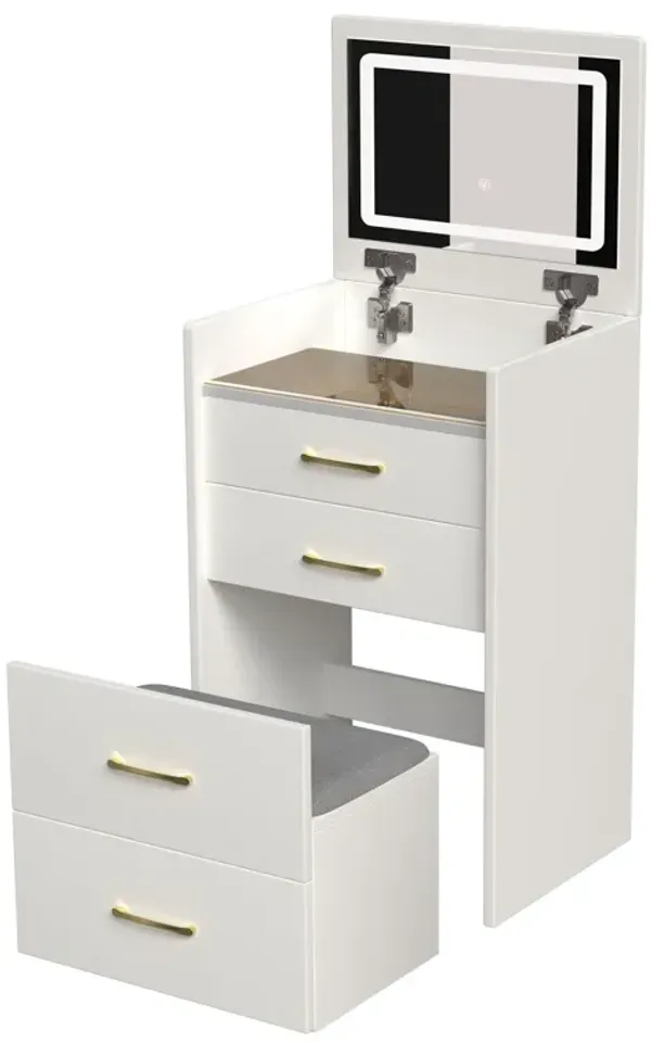 Compact 3 In 1 Vanity Desk With Open Top Mirror, Glass Desktop, 5 Height - White