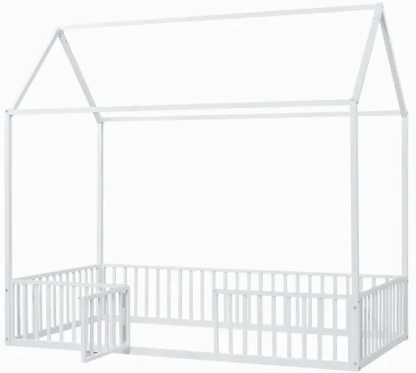 House Bed With Fence And Door - White