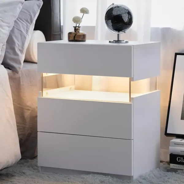 LED Nightstands, 3 Drawer For Bedroom