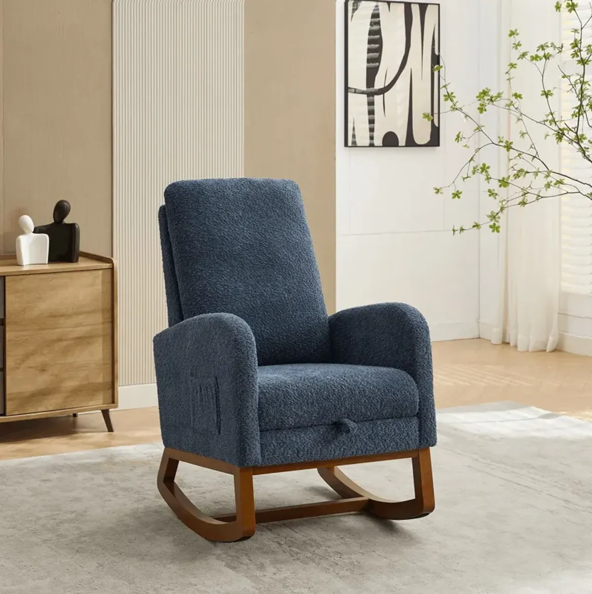 Rocking High Back Glider Chair With Retractable Footrest, Side Pocket