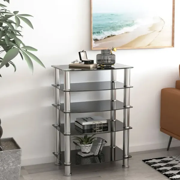 5 Tier Tempered Glass Side Table, Stainless Steel Frame End Table For Living Room, Bedroom - Black