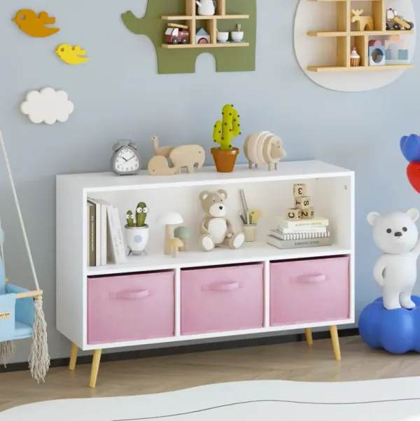 Kids Bookcase With Collapsible Fabric Drawers, Children's Book Display, Toy Storage Cabinet Organizer - White / Pink