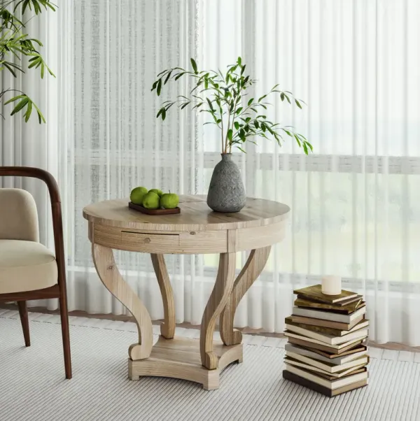 Curved Legs Farmhouse Style Small Size Round Dining Table End Table Side Table Coffee Table For Dinette, Kitchen, Dining Room Or Living Room - Natural Wood Grain Distressed