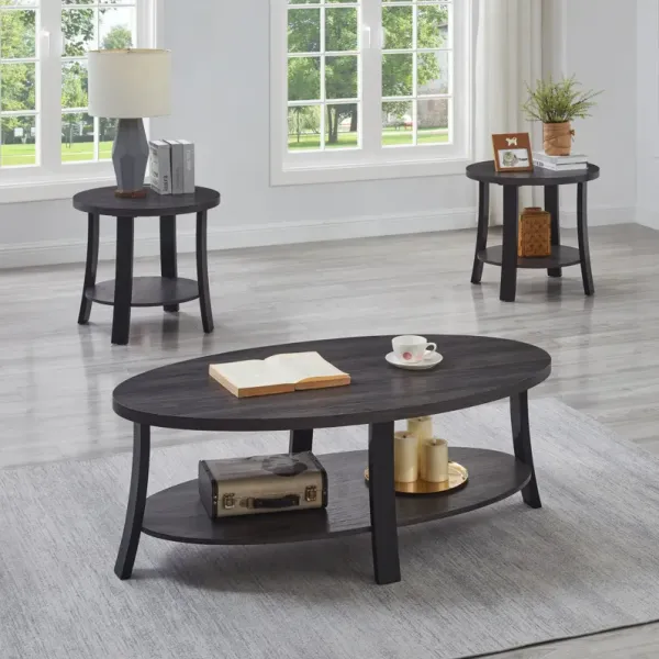 Anze - 3 Piece Coffee Table Set Contemporary Oval Wood Shelf - Charcoal