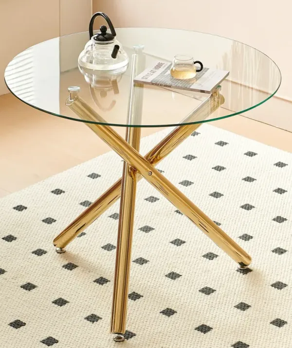 Dining Table With Metal Leg And Glass, Modern Space Saving Kitchen Table For Living Room - Golden