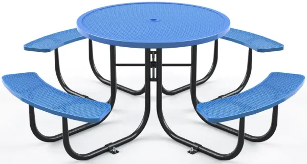 Outdoor Steel Picnic Round Table With Umbrella Pole - Blue