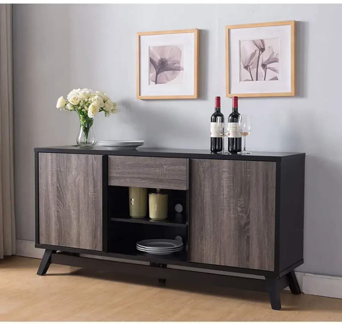 Sideboard TV Stand Buffet With 2 Doors 1 Drawer And 6 Shelves - Black / Gray