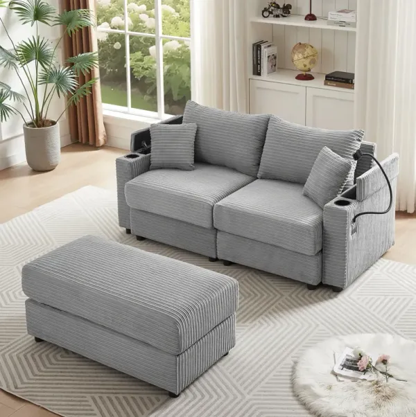 Modern Style Loveseat Sofa Sectional Sofa Couch With Storage Space, A Movable Ottoman, Two USB Ports, Two Cup Holders, A Phone Holder For Living Room