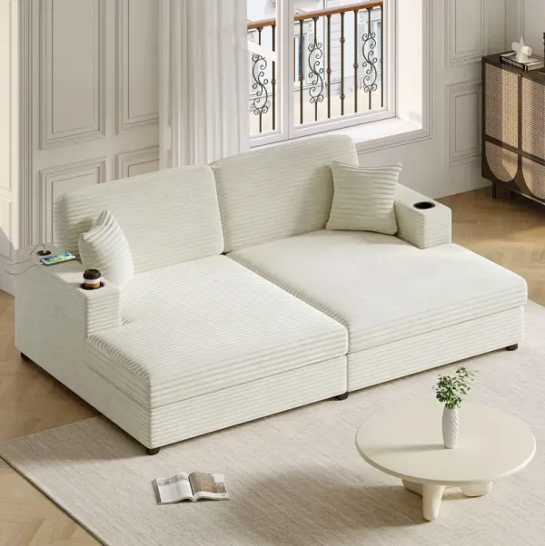 Oversized Loveseat Chaise With 2 USB Ports, 2 Cup Holders And 2 Throw Pillows