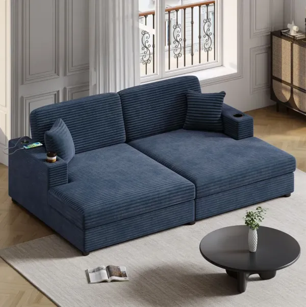 Oversized Loveseat Chaise With 2 USB Ports, 2 Cup Holders And 2 Throw Pillows