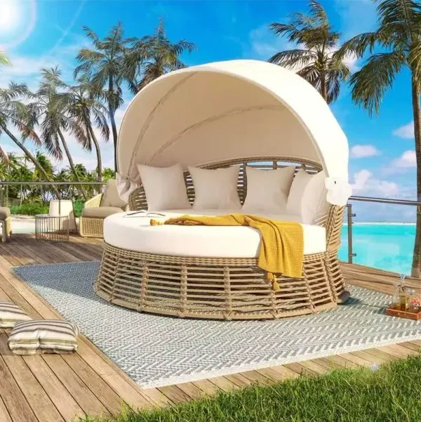 Outdoor Patio Rattan Round Daybed With Retractable Canopy, Wicker Furniture Round Poolside Sofa Sunbed With Removable Cushions, Backyard, Porch - Beige