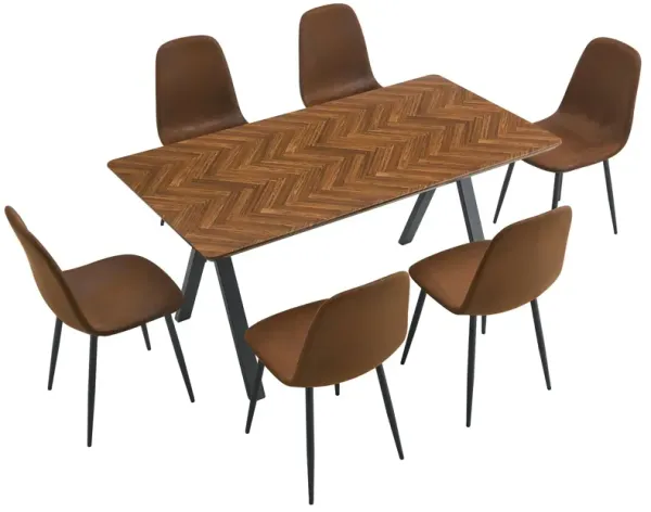 Suede Backrest Chairs With Metal Legs & Herringbone Dining Table Set