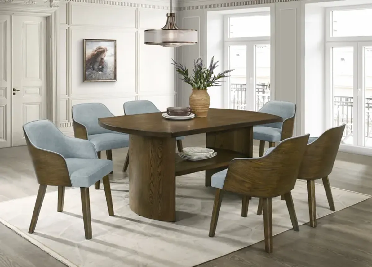 Rustique Brown 7-Piece Dining Set — 70″ Rectangular Table & 6 Upholstered Barrel Chairs
