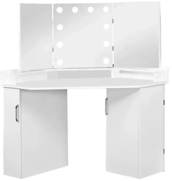 Stylish White Corner Vanity Table with Tri-Fold Mirror