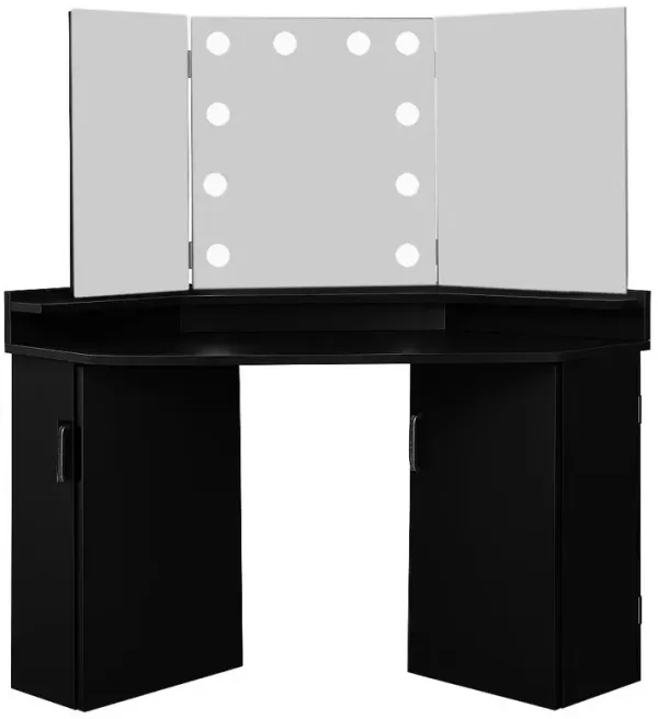 Stylish Black Corner Vanity Table with Tri-Fold Mirror