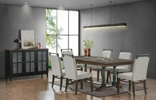 7-Piece Trestle Dining Set in Walnut (Table + 6 Upholstered Chairs)
