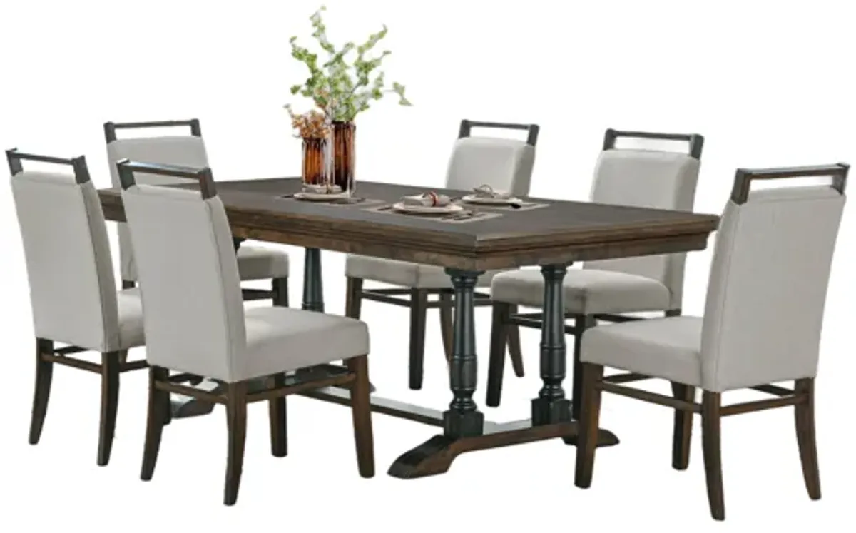 7-Piece Trestle Dining Set in Walnut (Table + 6 Upholstered Chairs)