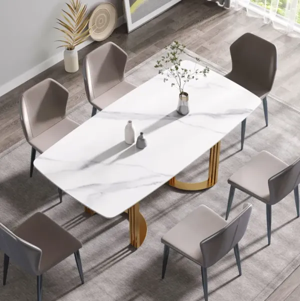 70.87" Modern Artificial Stone White Curved Golden Metal Leg Dining Table, Can Accommodate 6-8 People - White / Gold