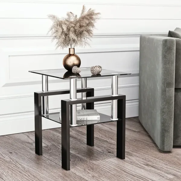Modern Tempered Glass Tea Table, End Square Table For Living Room - Black
