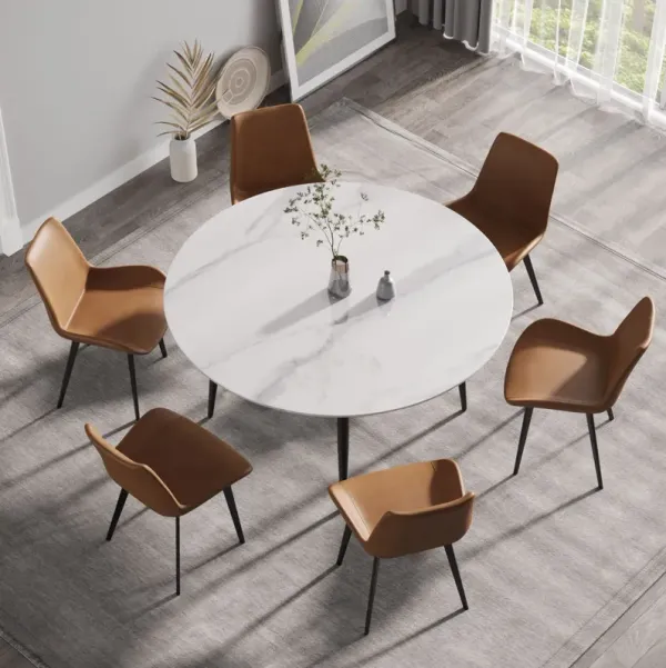 Modern Man-Made Stone Round Metal Dining Table-Position For 6 People