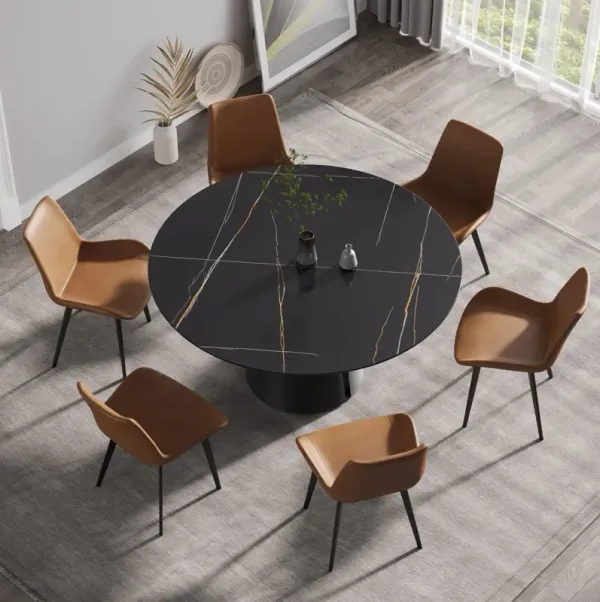 Modern Artificial Stone Round Carbon Steel Base Dining Table, Can Accommodate 6 People - Black / Gold