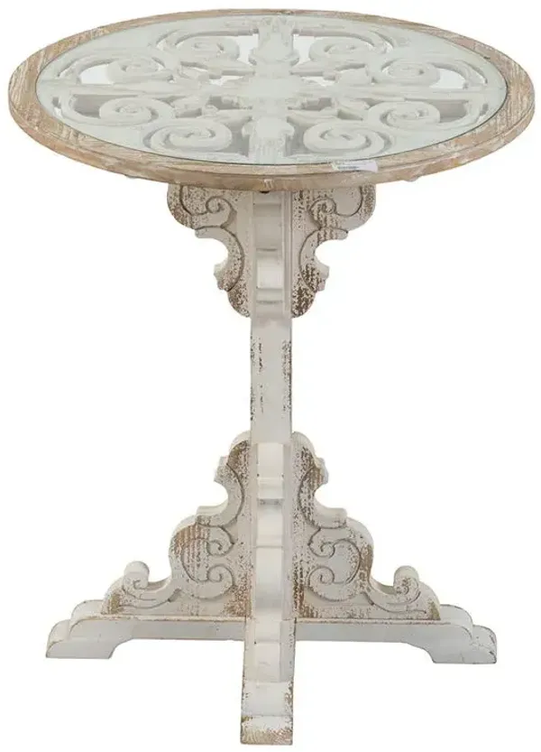 Round Wooden Carved Table Distressed Design - Antique White