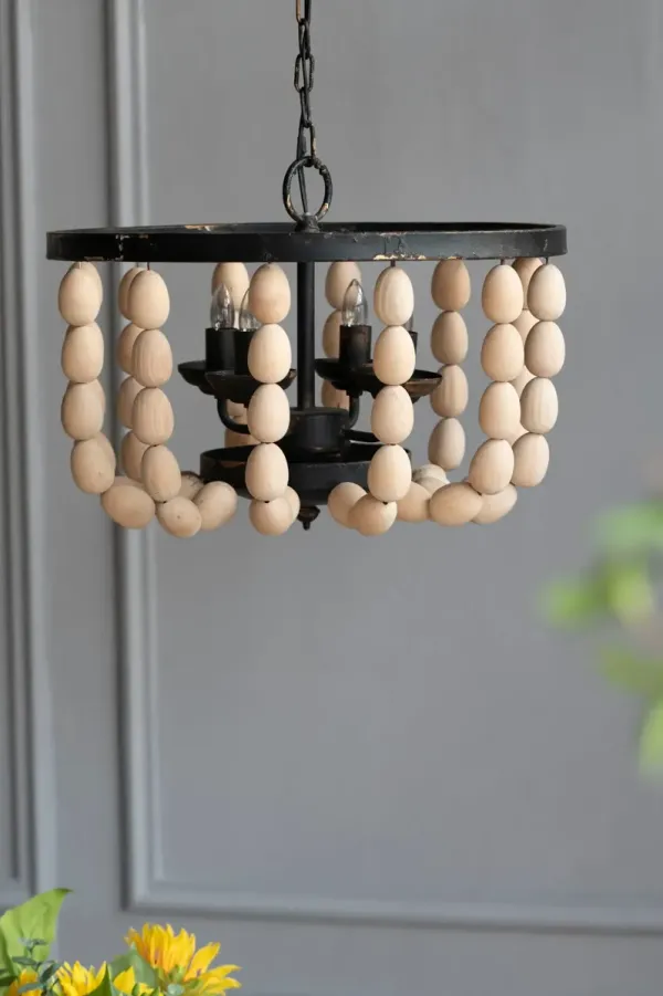 4 Light Wood Chandelier, Hanging Light Fixture With Adjustable Chain For Kitchen, Bulb Not Included - Cream