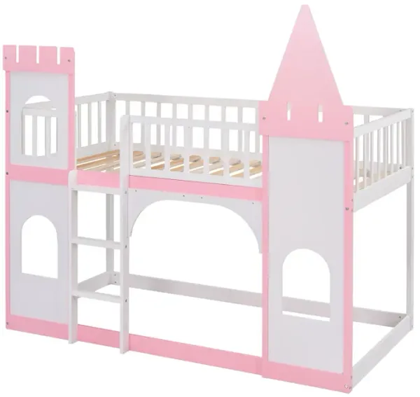Twin Over Twin Castle Bunk Bed With Ladder - Pink