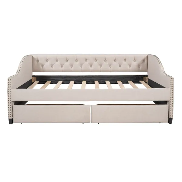 Upholstered Daybed With Two Drawers, Wood Slat Support