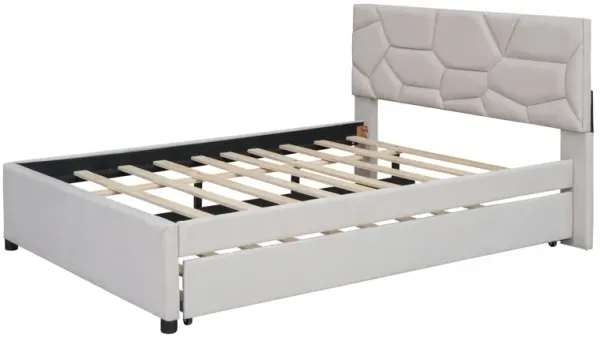 Upholstered Platform Bed With Brick Pattern Headboard And Twin Long Size Trundle