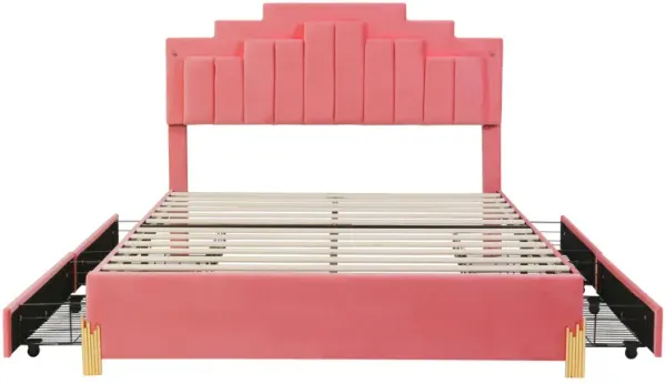 Queen Size Upholstered Platform Bed With LED Lights And 4 Drawers, Stylish Irregular Metal Bed Legs Design - Pink