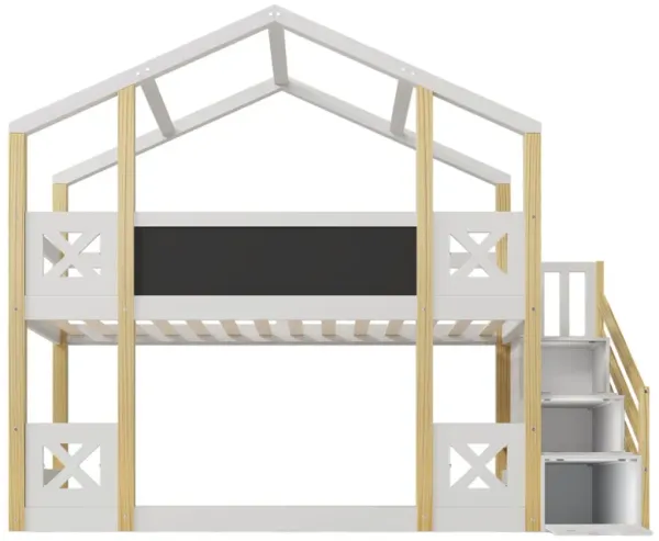 Twin Over Twin House Bunk Bed With White Storage Staircase And Blackboards - White