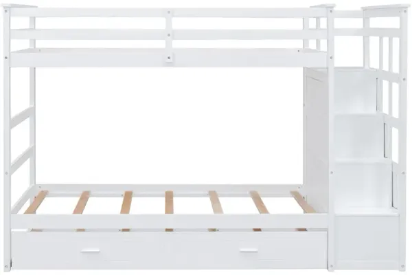 Twin Over Twin Bunk Bed With Trundle And Staircase - White