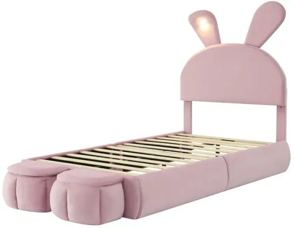 Twin Size Upholstered Platform Bed With Cartoon Ears Shaped Headboard And Light - Pink