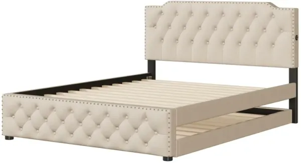 Upholstered Platform Bed With Trundle And 2 Sets Of USB Ports On Each Side, Linen Fabric