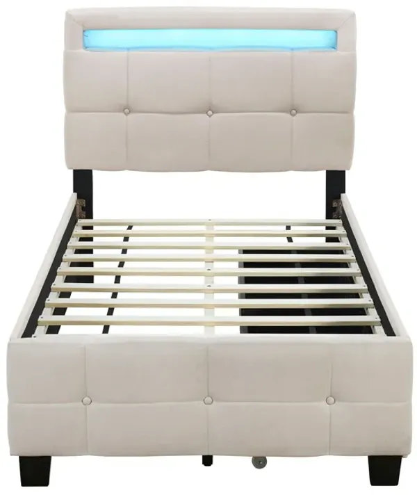 Upholstered Platform Bed With LED Frame, With Trundle And 2 Drawers