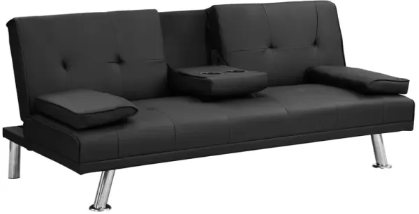 Sofa Bed With Armrest Two Holders Wood Frame, Stainless Leg Futon
