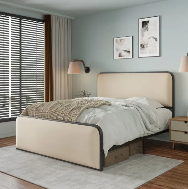 Modern Bed With Curved Upholstered Headboard And Footboard, Heavy Duty Metal Slats