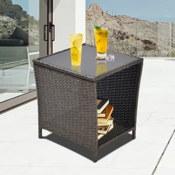 Outdoor Side Coffee Table With Storage Shelf, All Weather, Patio Furniture Square, Bistro Table For Garden Porch, Backyard Pool Indoor - Black Gold