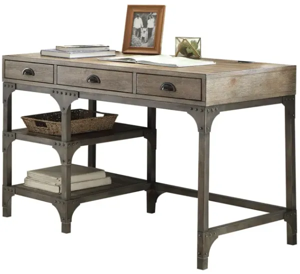 Gorden - Weathered Antique Metal Writing Desk - Oak
