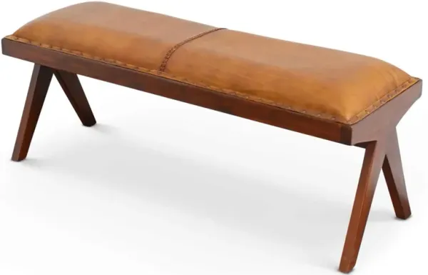 Chad - Mid-Century Modern Leather Bench - Brown / Tan