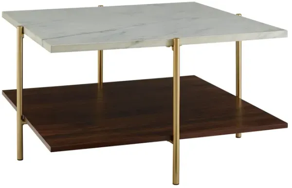 Modern Glam 3 Tone Square Coffee Table With Lower Shelf - White Marble / Dark Walnut / Gold