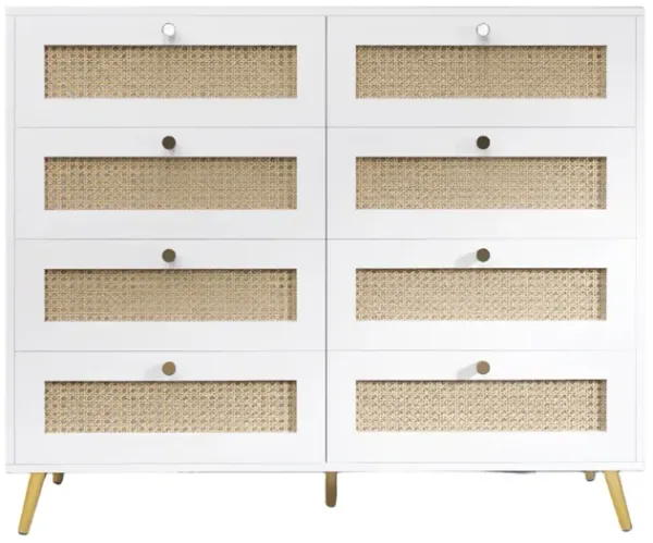 8 Drawers Chest Of Drawers With Rattan Drawer Face Golden Legs And Handles - White