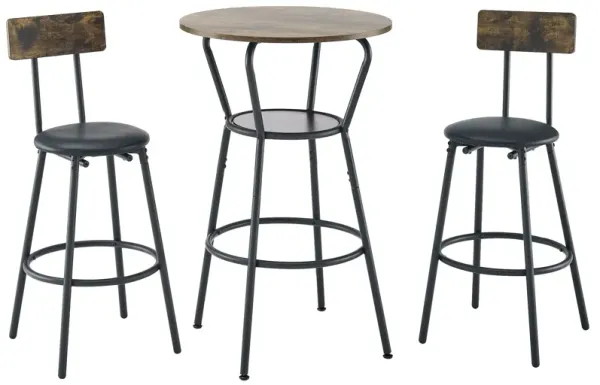 Rustic Brown Round Bar Table And Stool Set With Shelf, Upholstered Stool With Backrest - Antique Brown