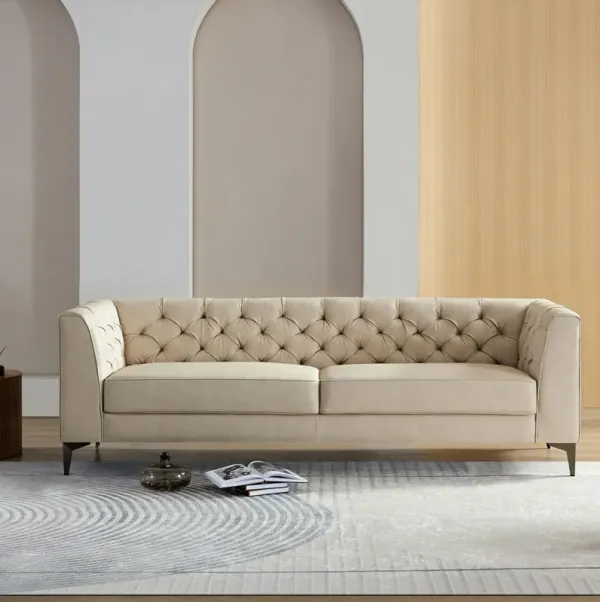 Retro Design Brown Leather Sofa With Iron Feet, Vintage Style