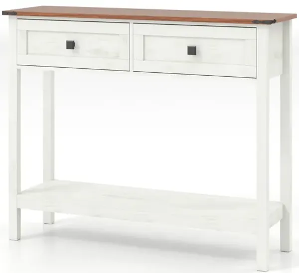 Farmhouse Style Console Table With 2 Drawers And Bottom Storage Shelf