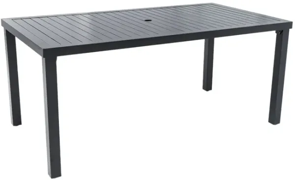 Modern Rectangular Outdoor Patio Dining Table With Post Leg Design, Rust Free & Weather Resistant, Adjustable Foot Pads, Umbrella Hole With Matching Cover - Ember Black